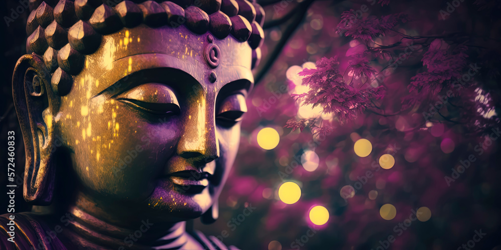 Buddha statue under a lotus tree. AI-Generated