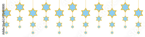 Garland for Passover, Pesach, Hanukkah and other holidays. Blue and gold stars of David. Can be used for cards, borders. Isolated vector and PNG illustration clipart on transparent background.