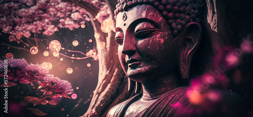 Buddha statue under a lotus tree. AI-Generated