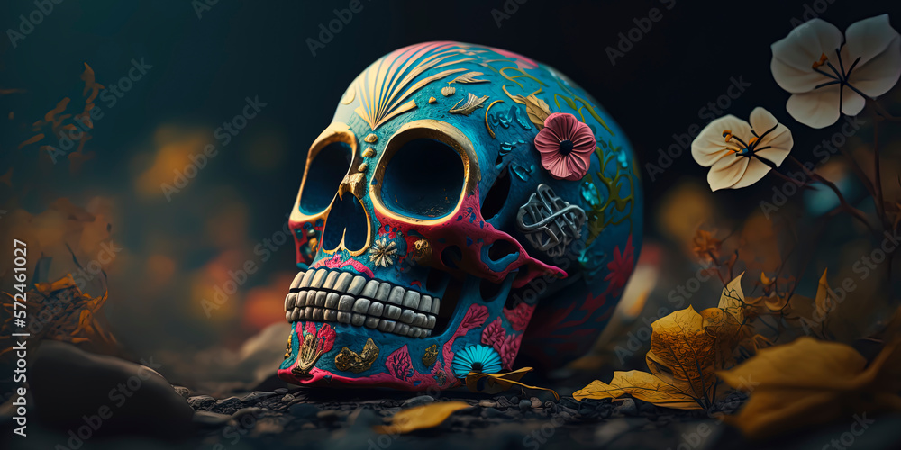 Calavera (Sugar Skull) in a traditional style for Dia de Los Muertos (Day of the dead). Flowers and skeleton. AI-Generated Calavera (Sugar Skull) in a traditional style for Dia de Los Muertos (Day of the dead). Flowers and skeleton. AI-Generated