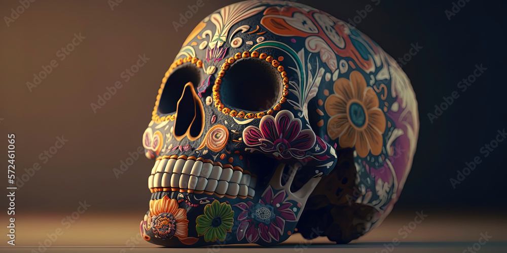 Day of the Dead, Dia de los muertos, skull and flowers. sugar skull. AI-Generated