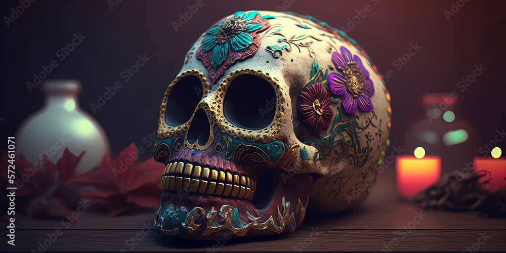 Day of the Dead, Dia de los muertos, skull and flowers. sugar skull. AI-Generated