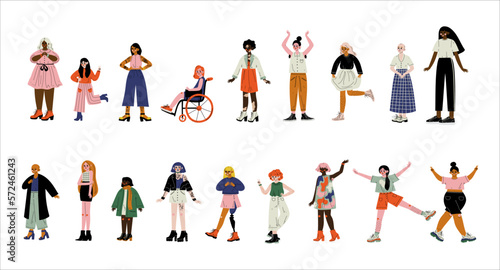 Body positive and beauty diversity. Set of multicultural young happy women of different skin color, race and beauty cartoon vector Illustration