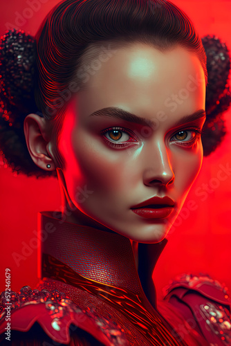 portrait of attractive Welsh Android super Model, Vivid-red background . AI-Generated