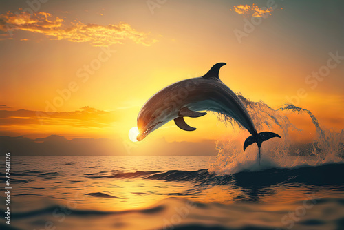 dolphin jumping out of ocean water with a beautiful sunset in the background. AI-Generated