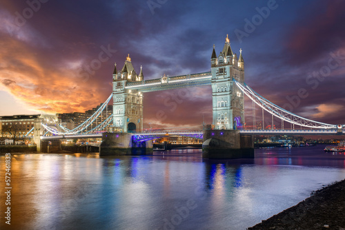 The skyline of London after sunset time  Tower Bridge and Thames riverside