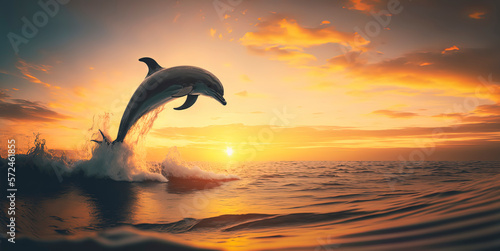 dolphin jumping out of ocean water with a beautiful sunset in the background. AI-Generated