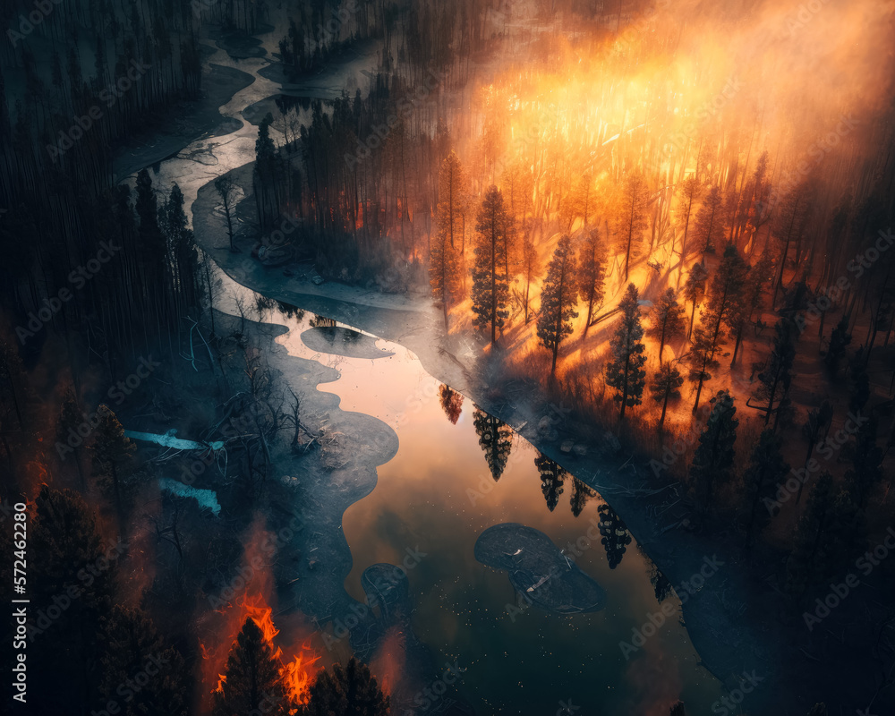 Aerial view of a forest fire. Generative AI.