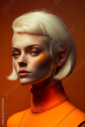 beautiful Polish android model  with Alabaster hair  vibrant-orange background. AI-Generated