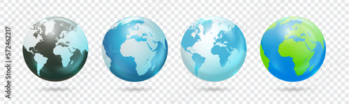 Set of world globes. Earth planet vector illustration. Round world map in globe shape with shadow
