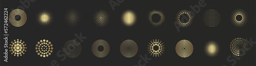 Abstract circles with dots texture. Gold spotted spray or brush. Golden round dotted frames set isolated on black background. Vector design element