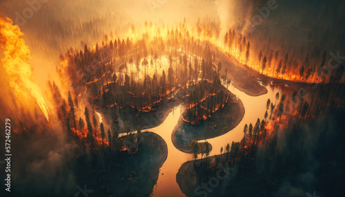 Aerial view of a forest fire. Generative AI.
