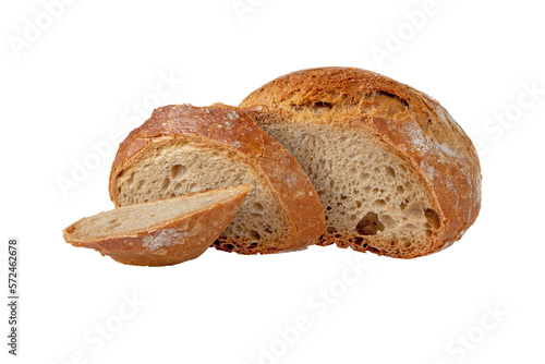 Rye and wheat sourdough bread loaf and slices isolated transparent png. Porous bread pulp and crispy crust.