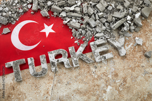 Turkey Earthquake, A background of the Turkish flag and brick debris photo