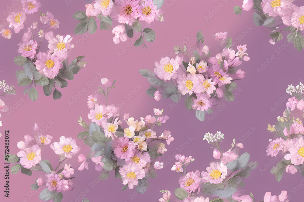 arrangements with flowers of spring, summer, pastel colors, retro, bouquets, lilac gradient background. Generative AI