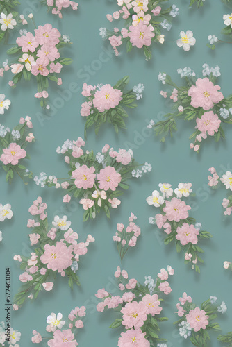 arrangement with flowers of spring  summer  forming a pattern  white  retro  shading  occupying the whole image  green background. Generative AI