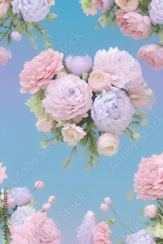 bouquets with spring flowers, summer, pastel colors, retro, arrangement, shape of a heart, light blue background. Generative AI