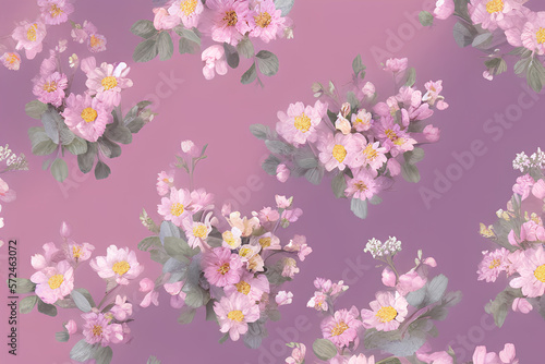 arrangements with flowers of spring, summer, pastel colors, retro, bouquets, lilac gradient background. Generative AI