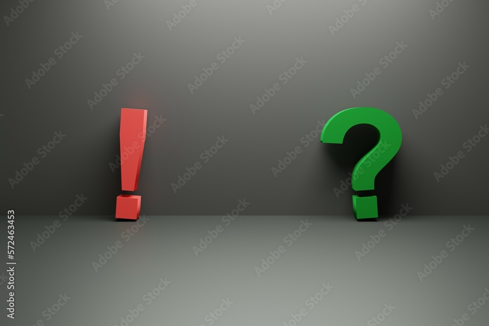 green question mark and red exclamation mark on a wall, cgi render image green question mark and red exclamation mark on a wall, cgi render image