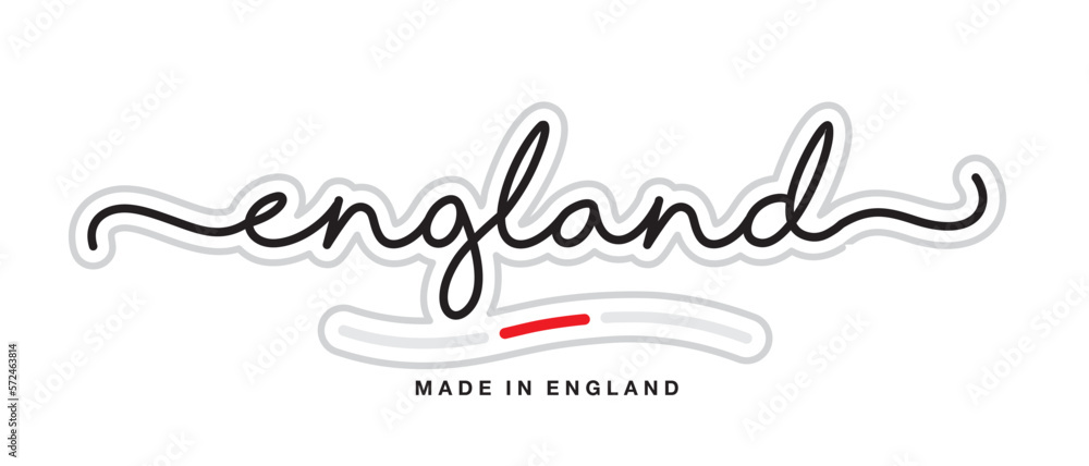 Made in England, new modern handwritten typography calligraphic logo sticker, abstract England flag ribbon banner
