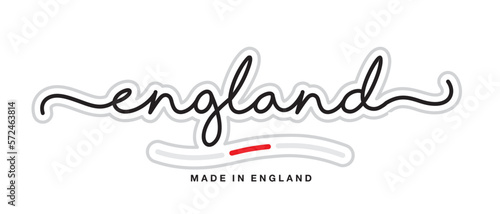 Made in England, new modern handwritten typography calligraphic logo sticker, abstract England flag ribbon banner