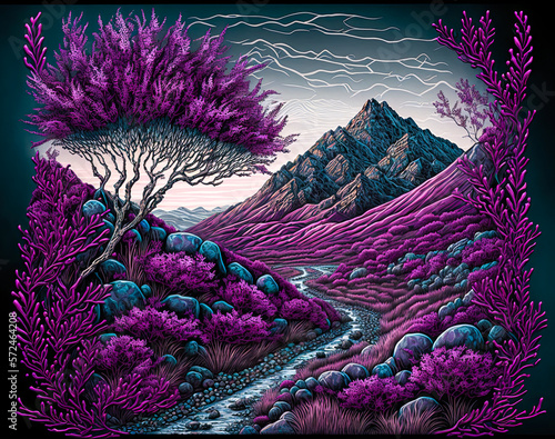Scotland landscape, stylized, purple heather. Generative AI