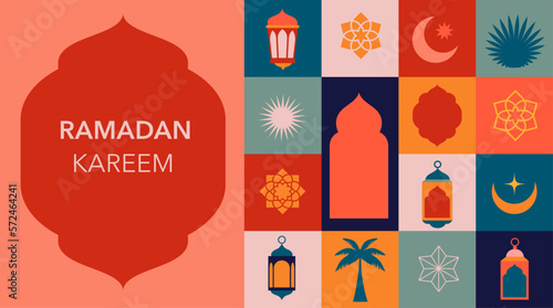 Geometric style colorful Islamic Ramadan Kareem banner, poster design. Mosque, moon, dome and lanterns. Minimalistic illustrations