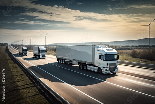 A convoy of white trucks rides along the highway. Generative ai.