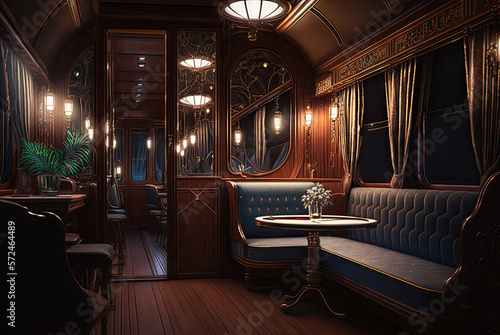 Train car interior, 19th century, wood, luxury. Generative AI