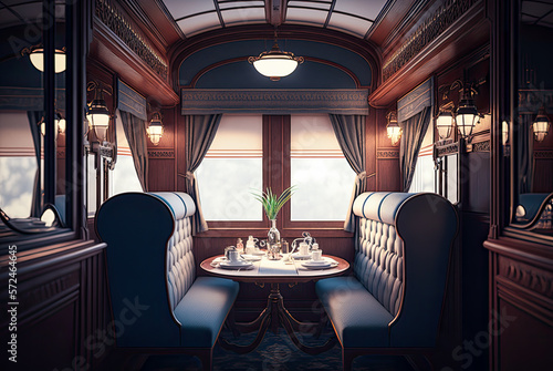 Train interior, dining car, 19th century, wood, luxury. Generative AI
