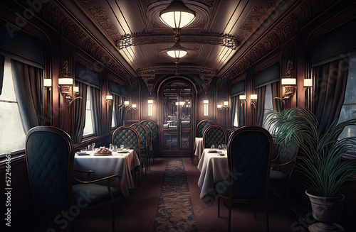 Photo Train interior, dining car, 19th century, wood, luxury
