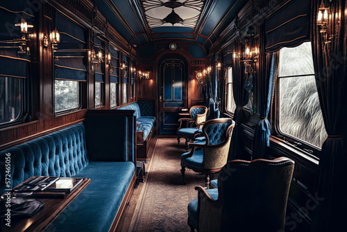 Train car interior, 19th century, wood, luxury. Generative AI Fototapet