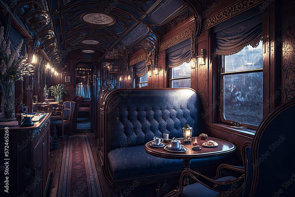 Train car interior, blue, 19th century, wood, luxury. Generative AI Train car interior, blue, 19th century, wood, luxury. Generative AI