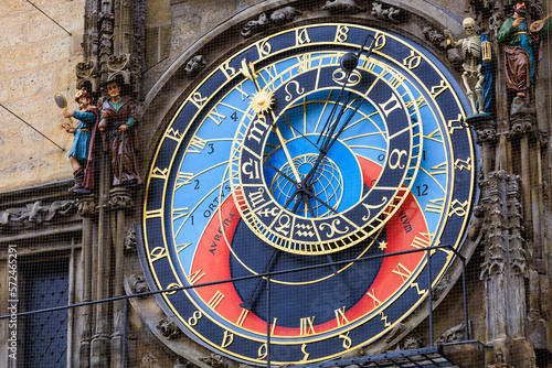 Prague astronomical clock close-up. The main attraction of the capital of the Czech Republic. Background