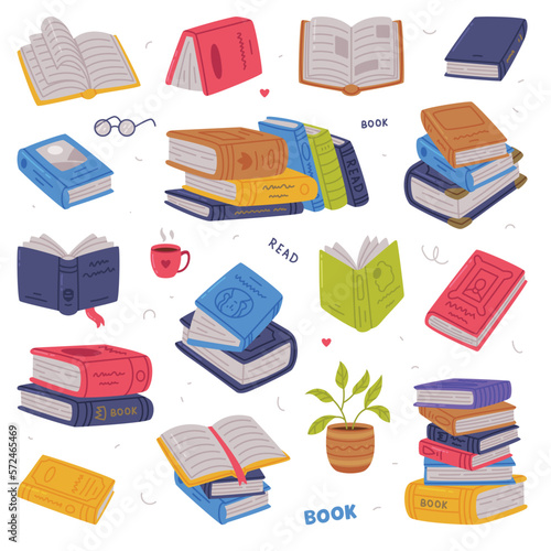 Collection of books with colorful covers. Science, hobby, education concept cartoon vector illustration