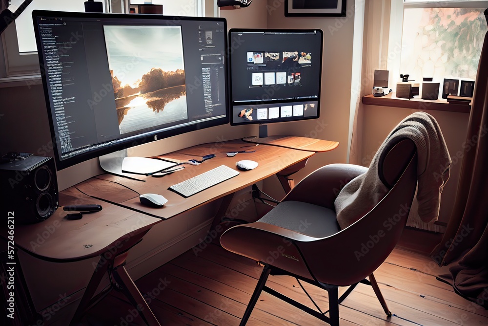 Modern home office with ergonomic desk and natural light, generative AI Modern home office with ergonomic desk and natural light, generative AI