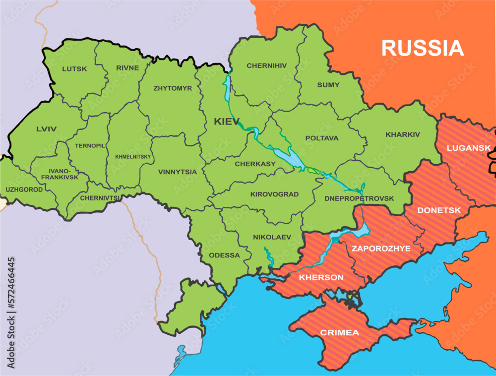 Editable vector map of Russia and Ukraine with the names of Ukrainian cities and conflict zones marked with a special red stripe.
