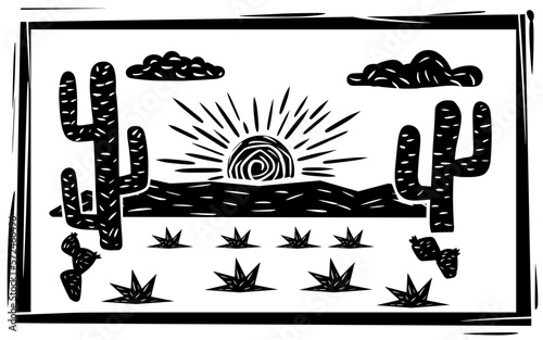 Brazilian sertão scenery, cactus and blazing sun in woodcut style with separate elements.