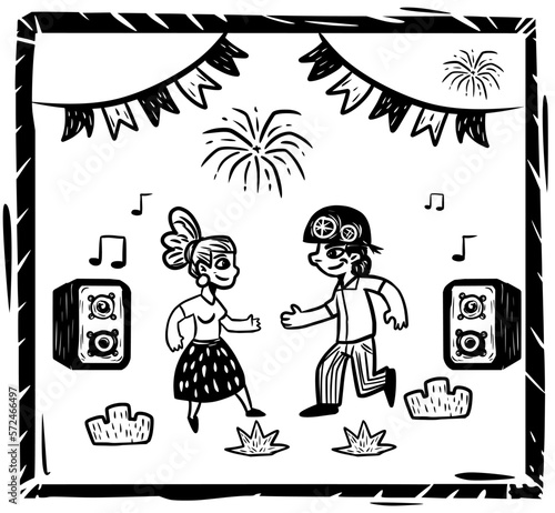 WebFesta Junina, couple dancing with typical clothes. Cordel literature woodcut.