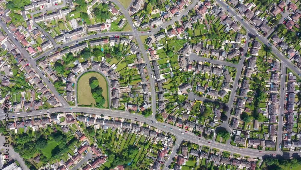 Straight down aerial footage of the British town of Halton in Leeds
