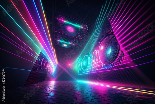 3d render, red blue neon light, illuminated corridor, tunnel, empty space, ultraviolet light, 80's retro style, fashion show stage, abstract background