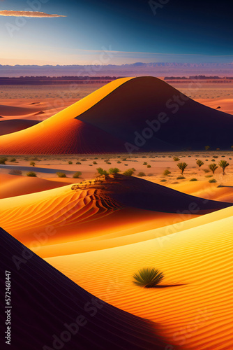Dusty sand dunes landscape with sand hills and small rare bushes