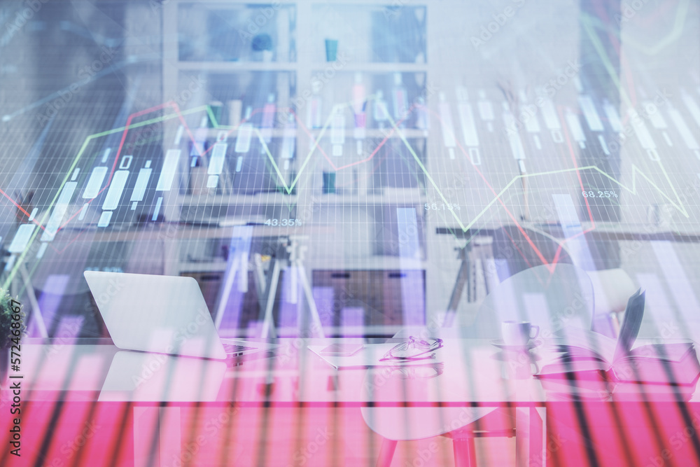 Multi exposure of stock market chart drawing and office interior background. Concept of financial analysis. Multi exposure of stock market chart drawing and office interior background. Concept of financial analysis.