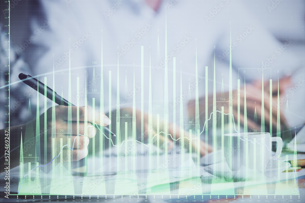Double exposure of forex graph drawing over people taking notes background. Concept of financial analysis Double exposure of forex graph drawing over people taking notes background. Concept of financial analysis