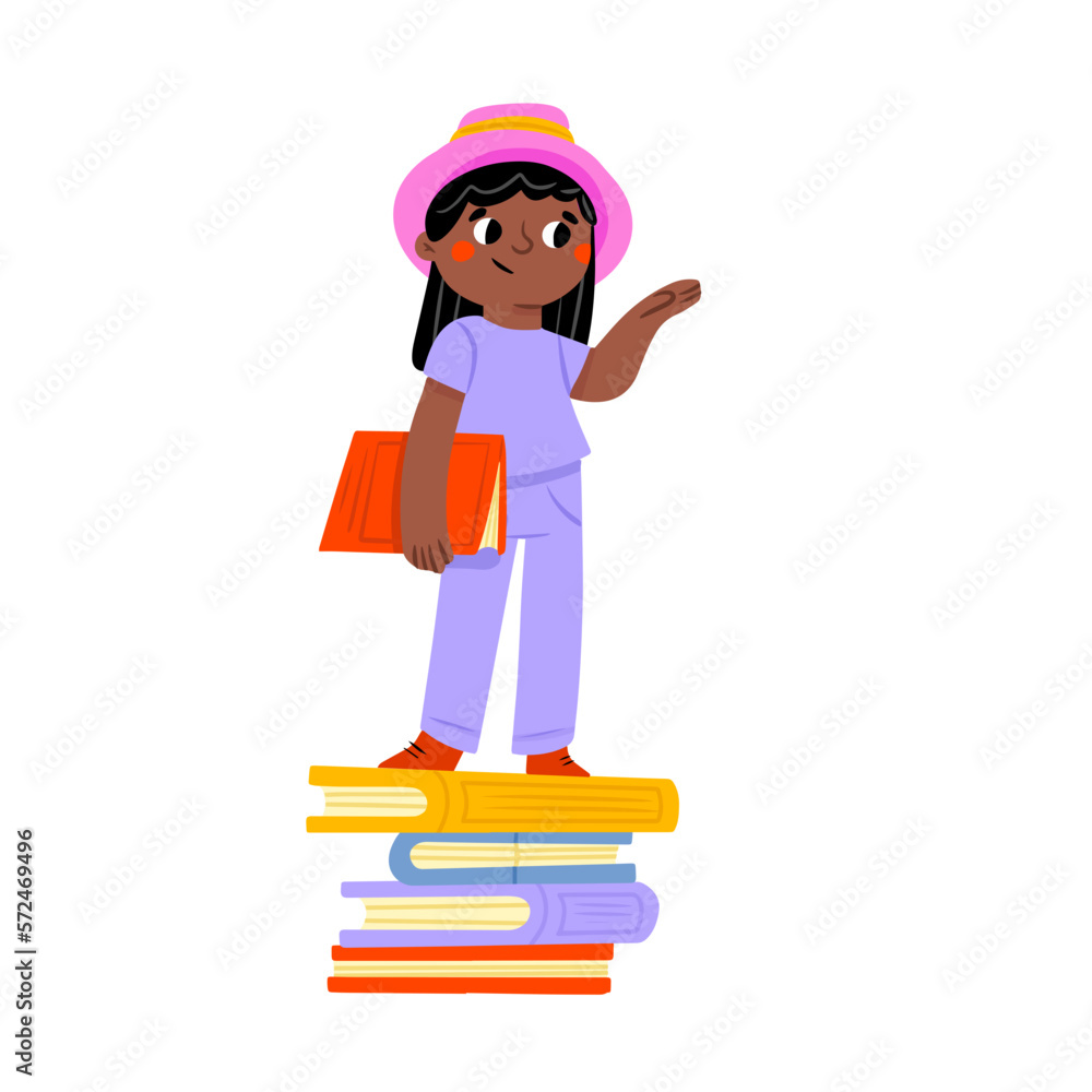 Сute little black girl standing on stack of books measuring on the background on white background. International Children's Book Day. April 2. Holiday concept.