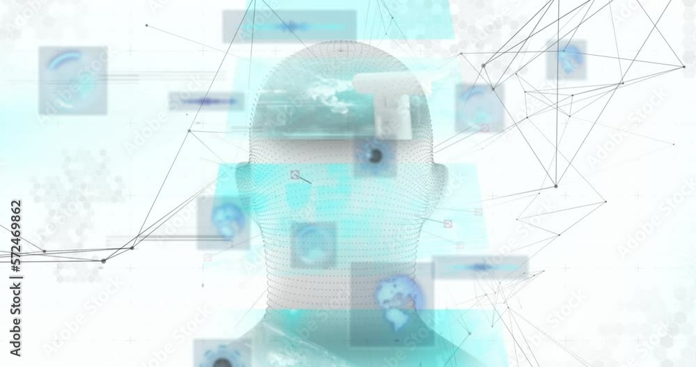 Animation of round scanner and network of connections against spinning human head model Animation of round scanner and network of connections against spinning human head model