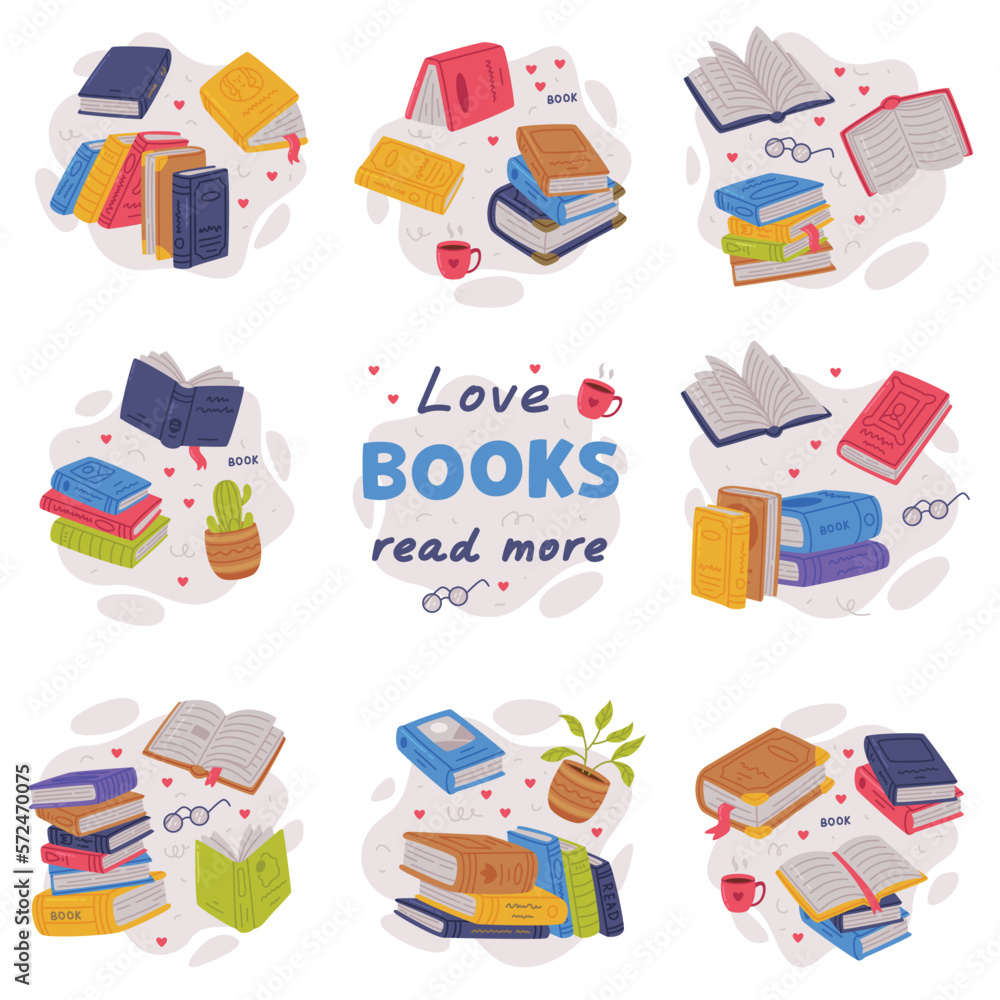 Love books, read more. Books collection. Library, book store, back to school concept cartoon vector illustration Love books, read more. Books collection. Library, book store, back to school concept cartoon vector illustration