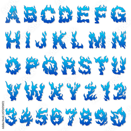 Vector cartoon icons set of blue flaming numbers.
