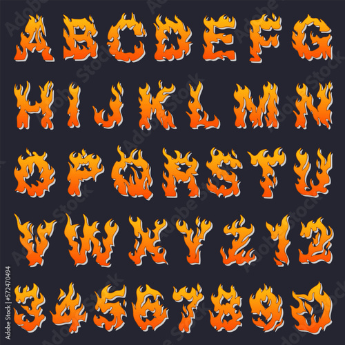 Vector cartoon icons set of orange flaming numbers.