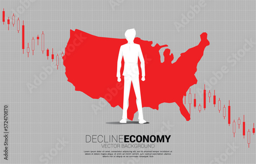 silhouette of businessman slip and downturn graph with USA map. Concept of decline economy in america.